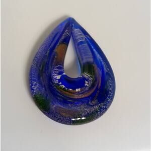 Blue Glass 2x1.5” Tear Pendant for Necklace or Rope One Sided Multicolor Vintage